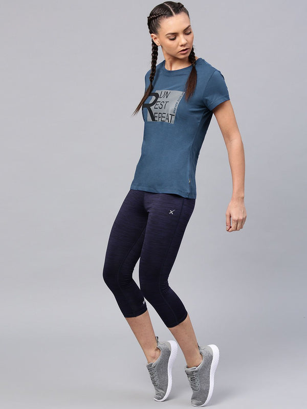 HRX by Hrithik Roshan Women Navy Blue Printed Round Neck T-shirt