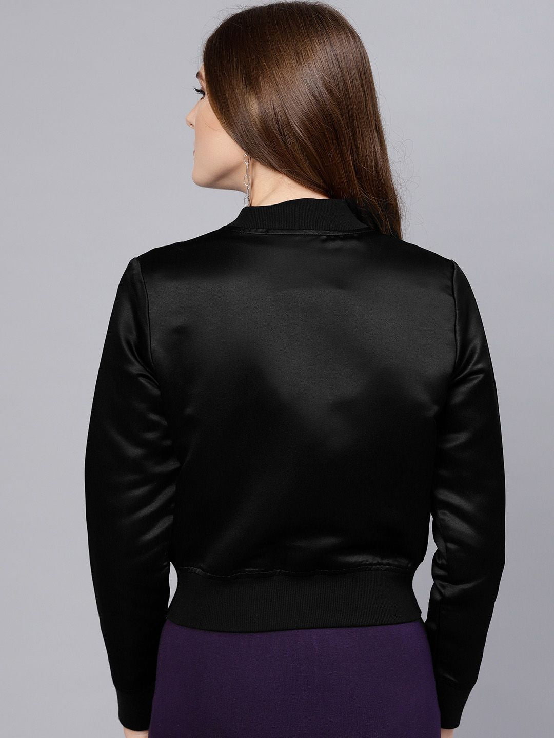 STREET 9 Women Black Solid Satin Bomber Jacket