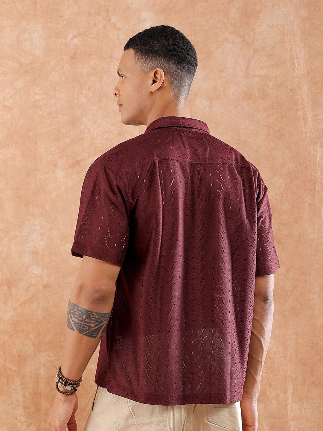 The Indian Garage Co Men Relaxed Fit Solid Warp Knit Lace Resortwear Shirt