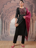 Vishudh Black Yoke Design Thread Work Kurta with Trouser & Dupatta