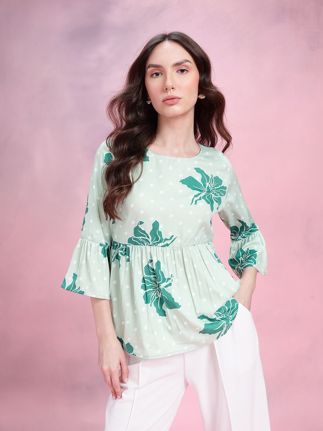DressBerry Floral Print Gathered Detail Bell Sleeves Peplum Top