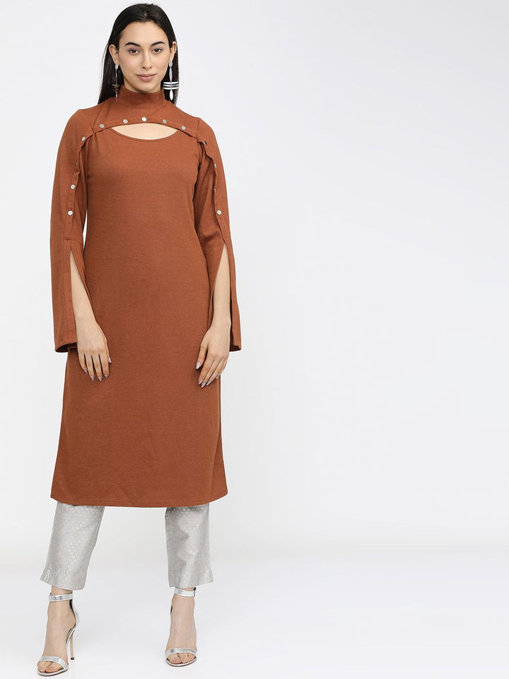 Vishudh Women Brown Flared Sleeves Thread Work Kurta