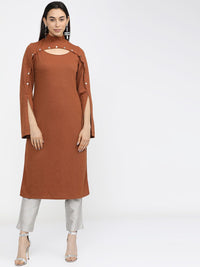 Vishudh Women Brown Flared Sleeves Thread Work Kurta