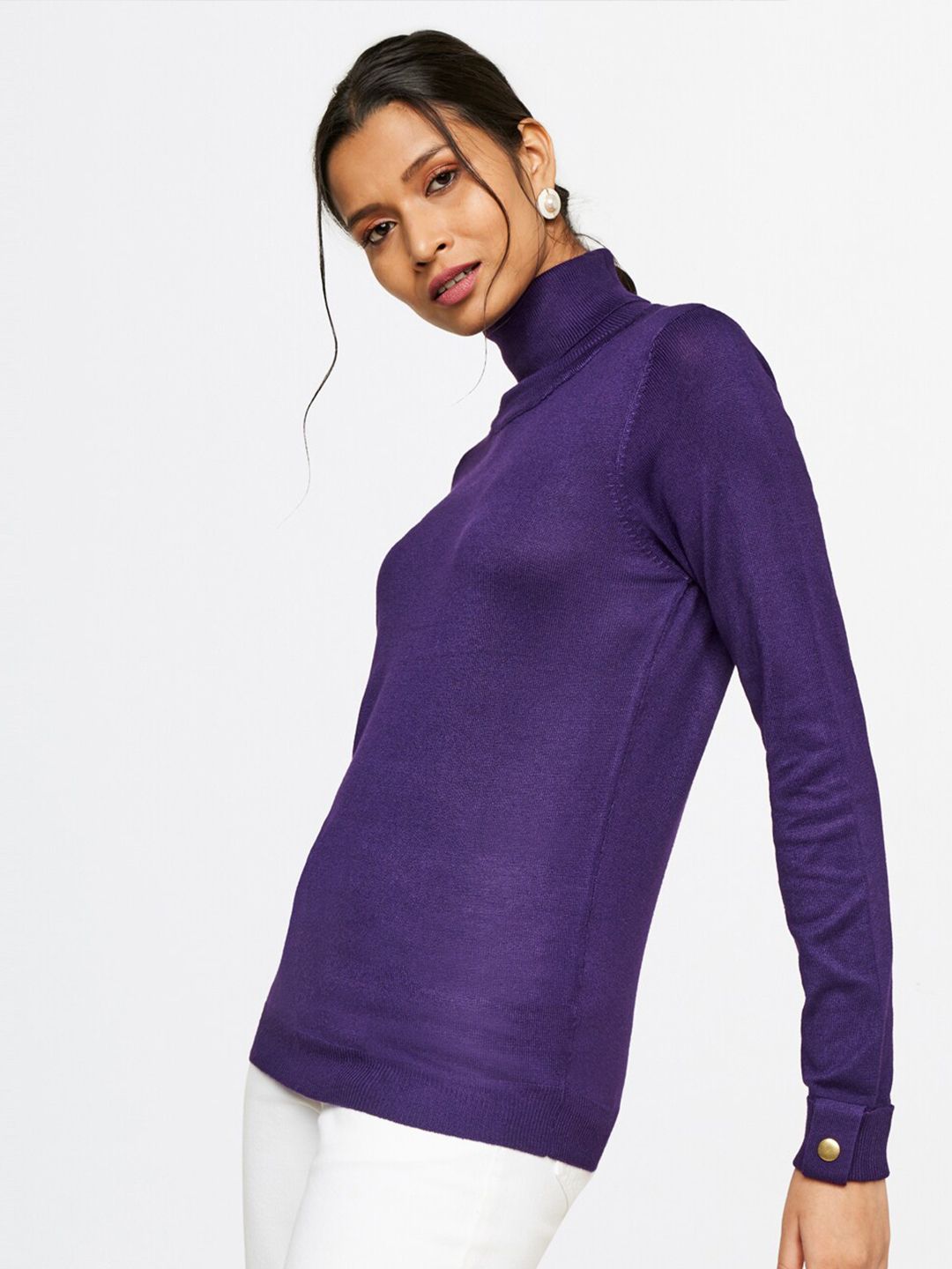AND Women Purple Solid High Neck Top