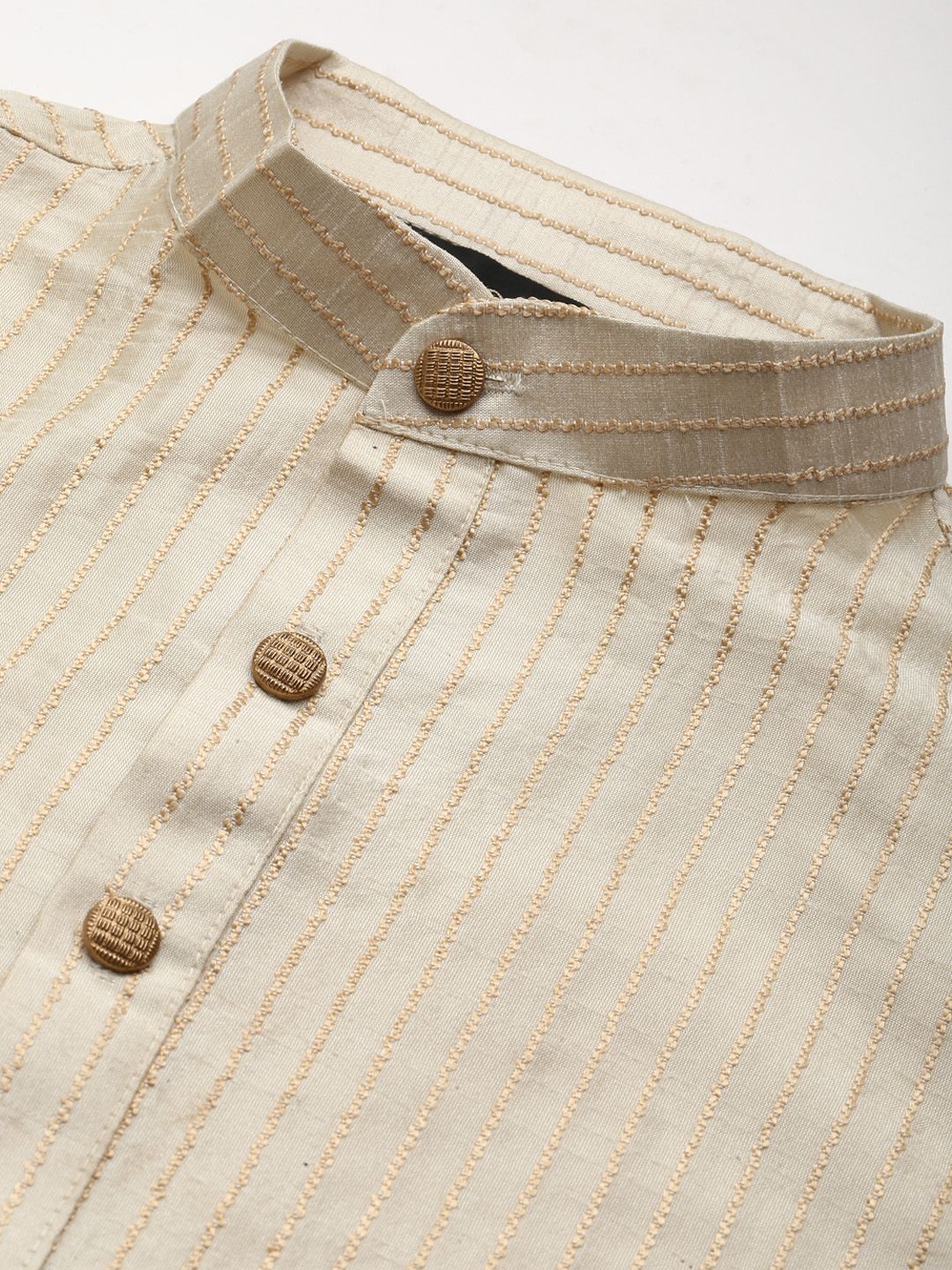 SOJANYA Men Beige Striped Kurta with Pyjamas & Nehru Jacket