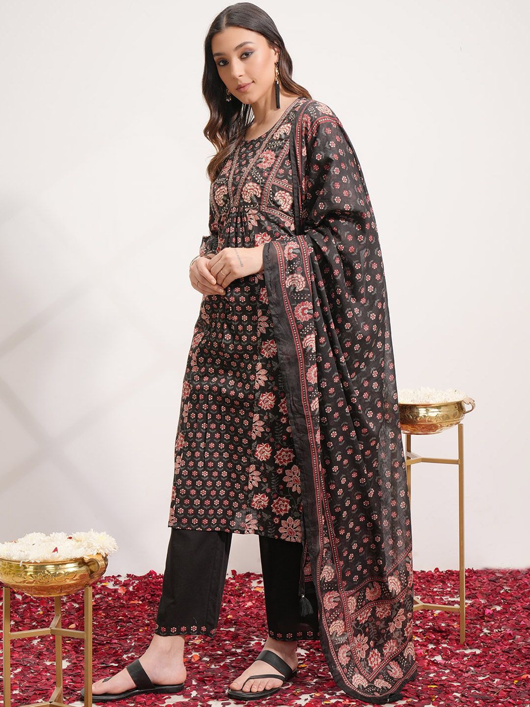 Vishudh Floral Printed Angrakha Pure Cotton Kurta with Trousers & With Dupatta
