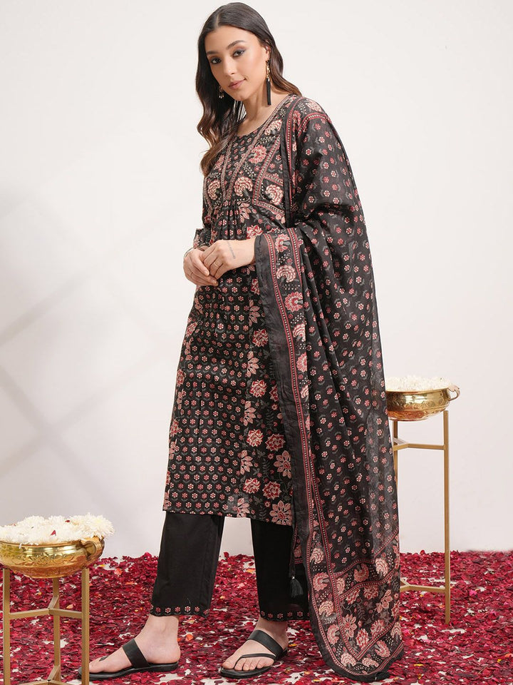 Vishudh Floral Printed Angrakha Pure Cotton Kurta with Trousers & With Dupatta