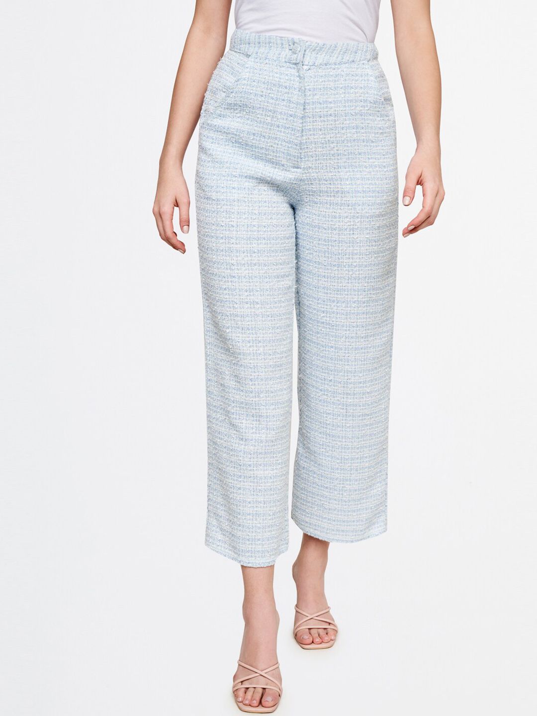 AND Women Blue Checked Flared Trouser