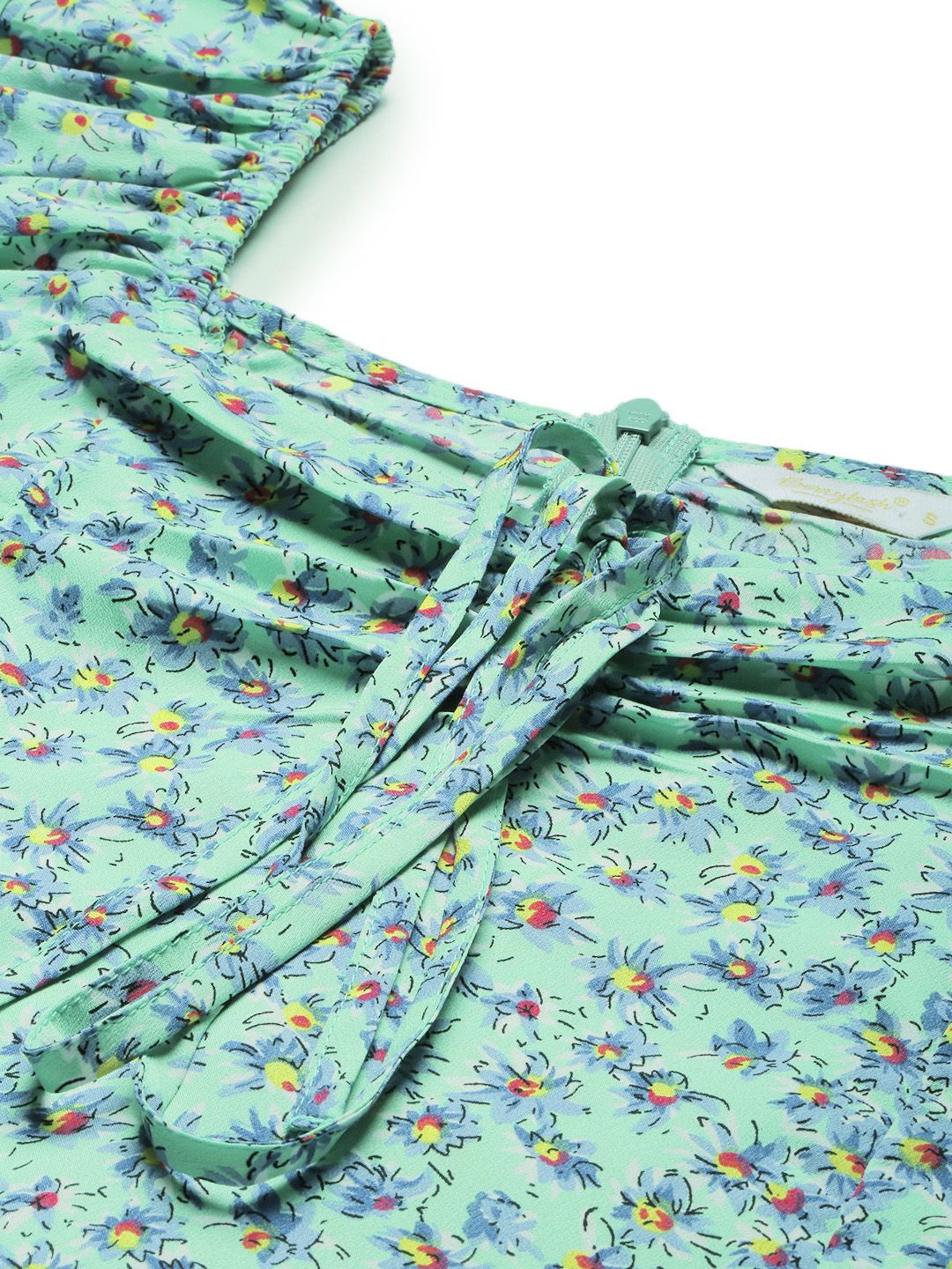 Berrylush Women Green & Blue Floral Printed A-Line Dress with Tie-Up Detail