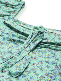 Berrylush Women Green & Blue Floral Printed A-Line Dress with Tie-Up Detail