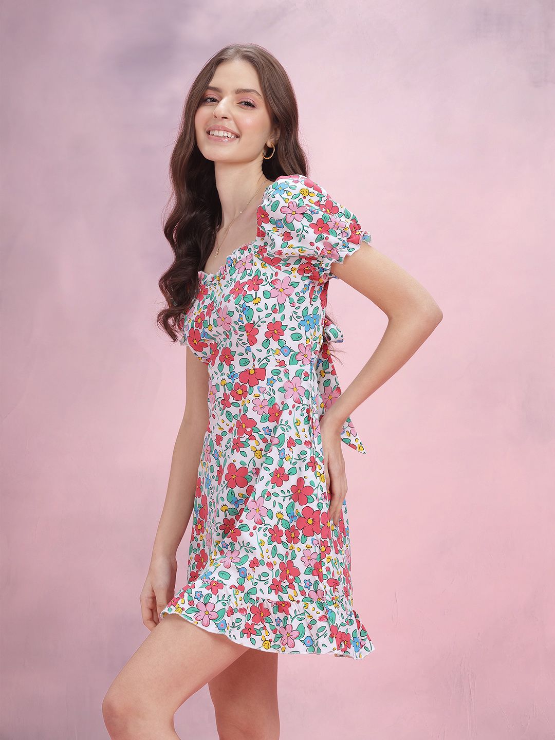 DressBerry Floral Printed Puff Sleeve A-Line Dress