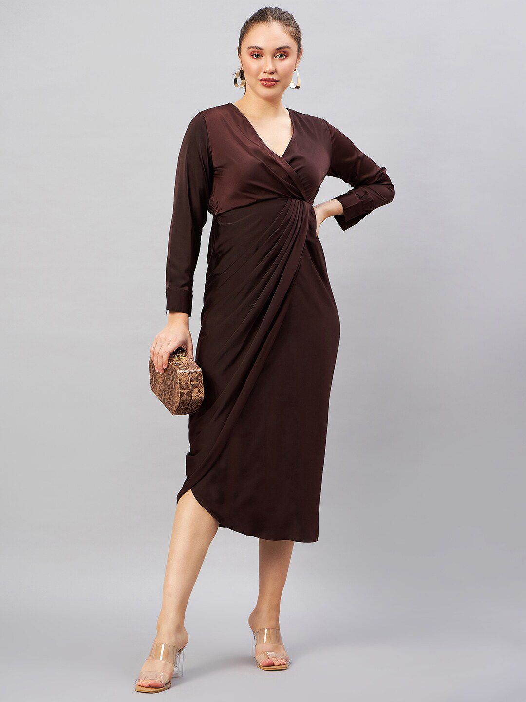 Antheaa Brown V-Neck Long Cuffed Sleeves Satin Wrap Midi Dress