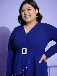 SASSAFRAS Curve Blue Plus Size Long Sleeve V-Neck Belted Beads Peplum Midi Dress