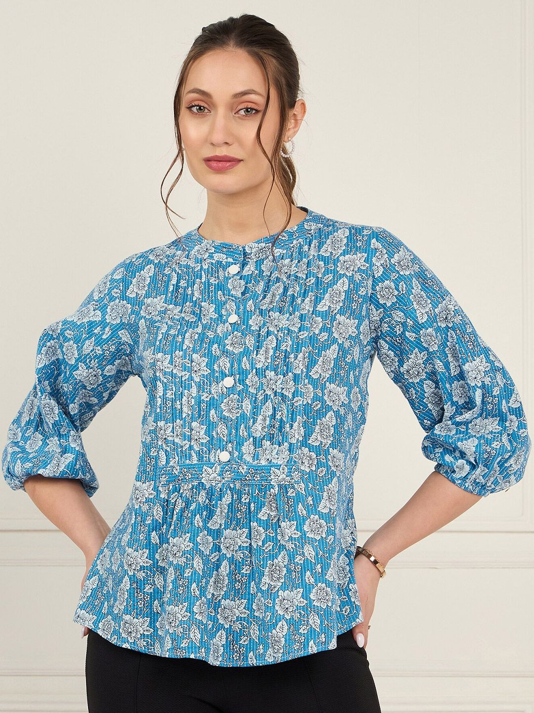 Antheaa Floral Print Mandarin Collar Pure Cotton Puff Sleeves Top