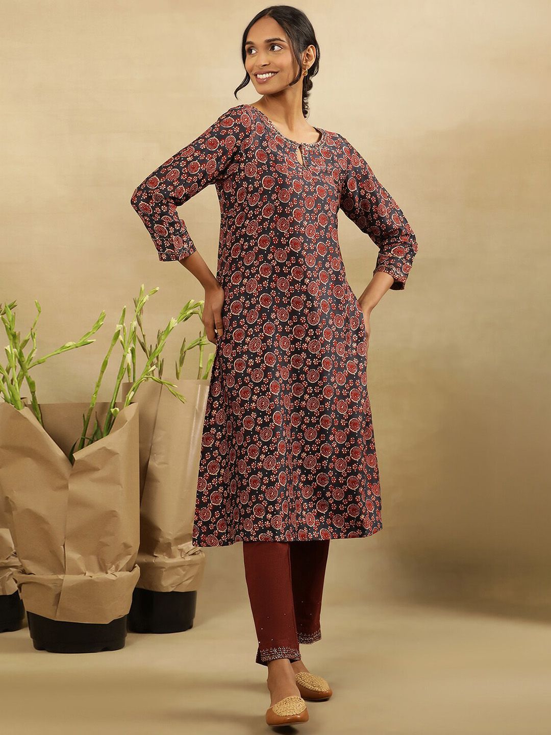W Abstract Printed Keyhole Neck Flared Sleeves A-Line Kurta