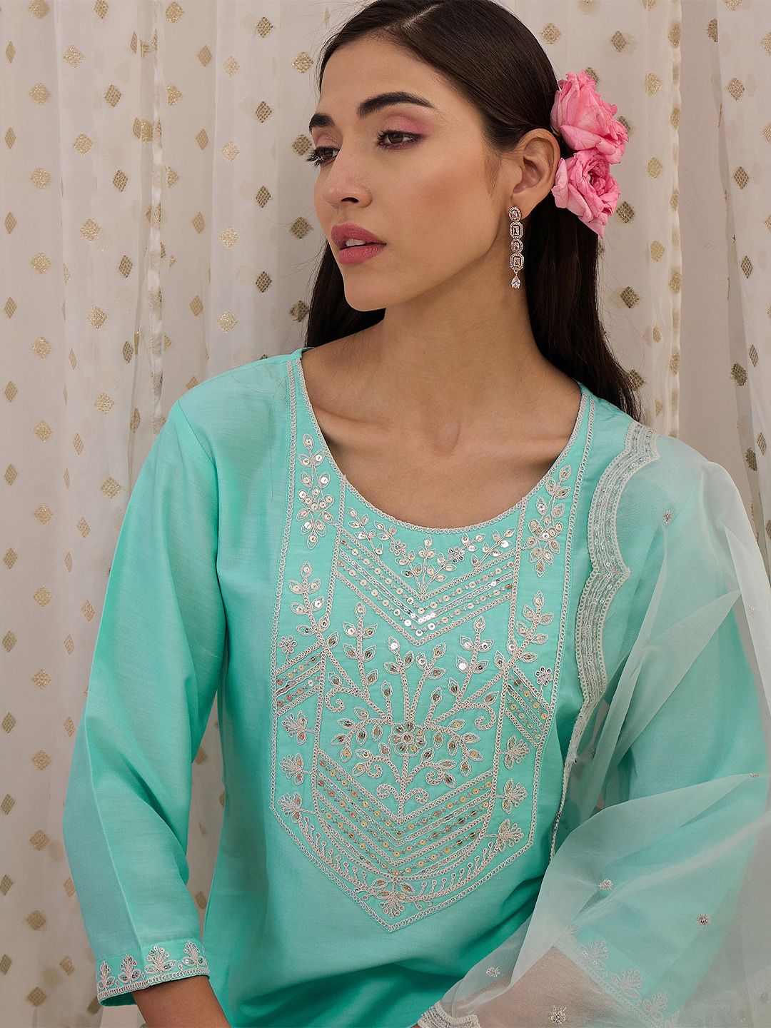 Indo Era Floral Embroidered Sequinned Straight Kurta With Trousers & Dupatta