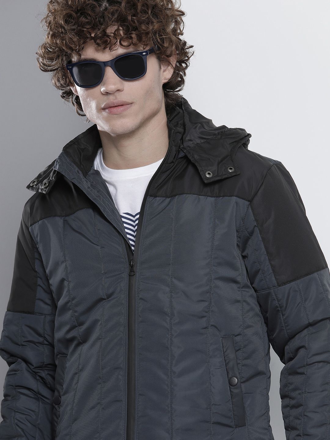 The Indian Garage Co Men Colourblock Zip-Front Slim Fit Bomber Jacket with Detachable Hood