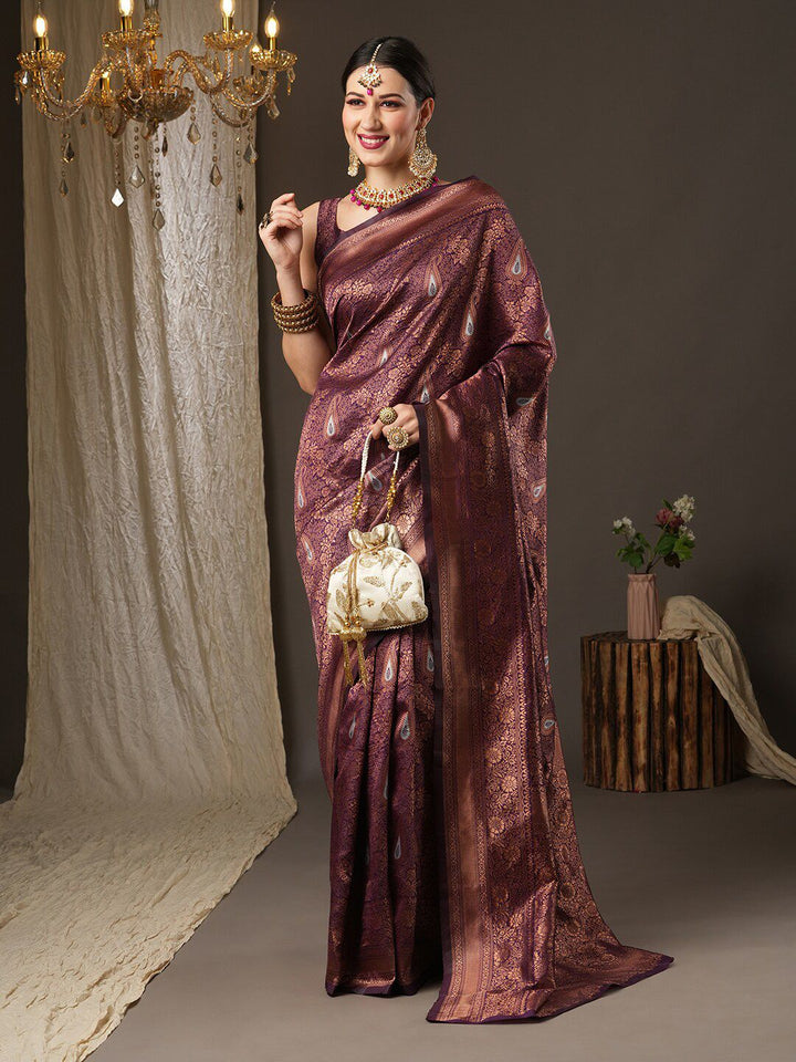 Saree mall Burgundy & Copper-Toned Woven Design Zari Silk Blend Dharmavaram Sarees
