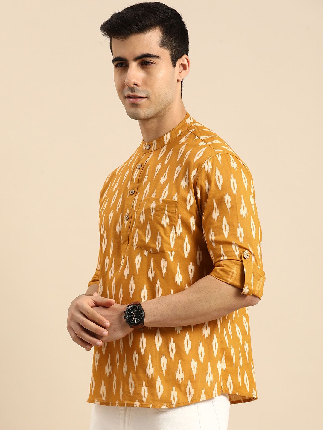 Anouk Men Mustard Yellow & White Printed Roll-Up Sleeves Pure Cotton Short Kurta