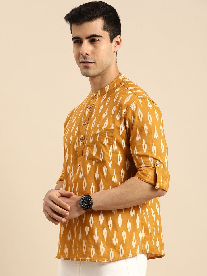 Anouk Men Mustard Yellow & White Printed Roll-Up Sleeves Pure Cotton Short Kurta