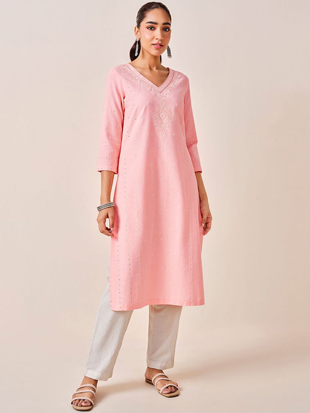 Global Desi Ethnic Motifs Embroidered A-Line Kurta