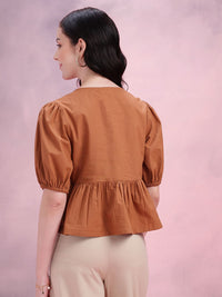 DressBerry Tie-Up Neck Puff Sleeve Cotton Top