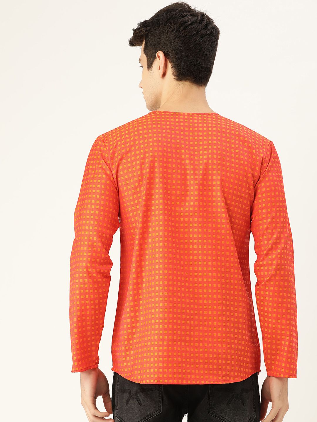 SOJANYA Men Orange Checked Straight Kurta