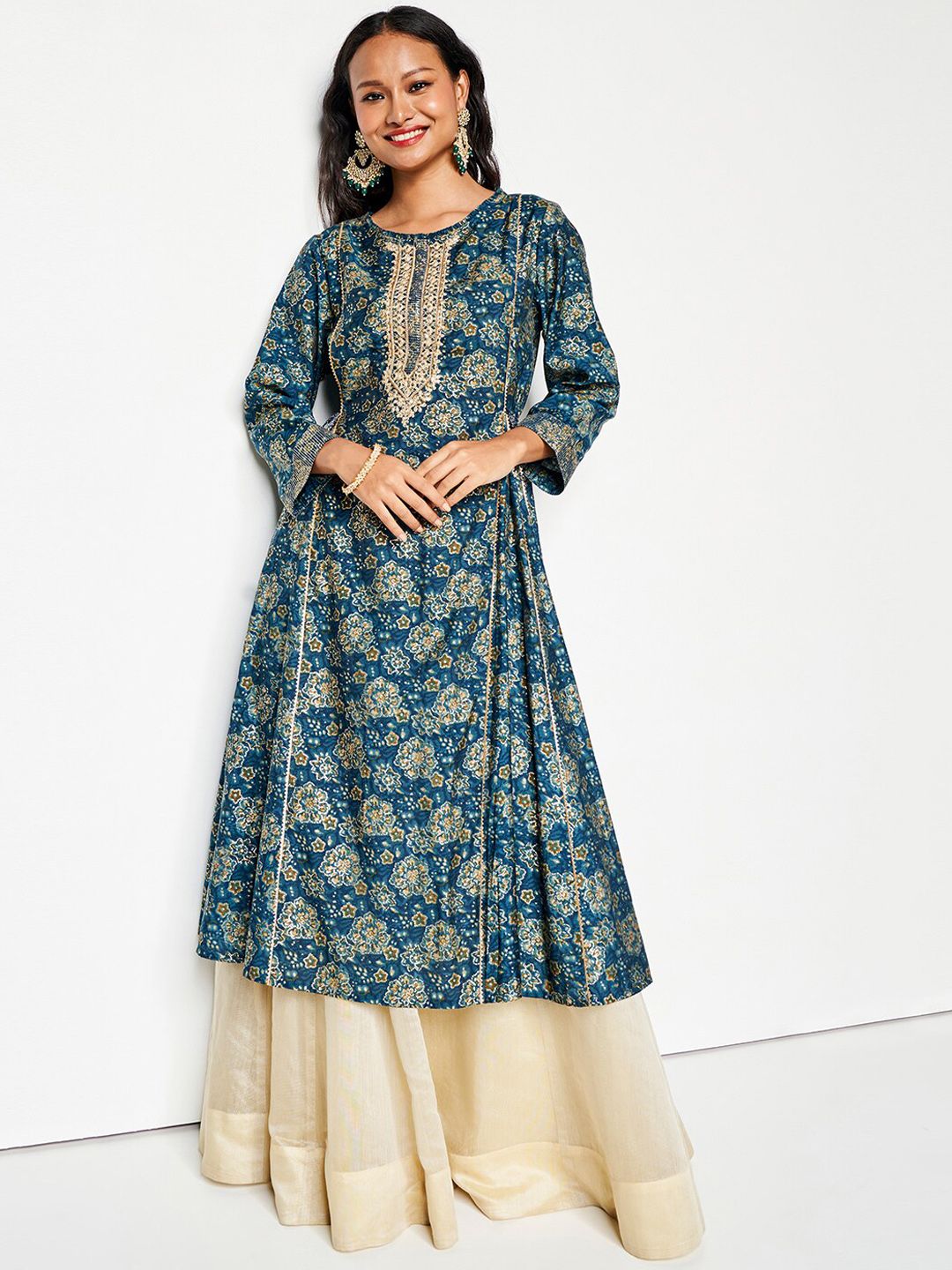 Global Desi Ethnic Motifs Printed Mirror Work Pleated Anarkali Kurta
