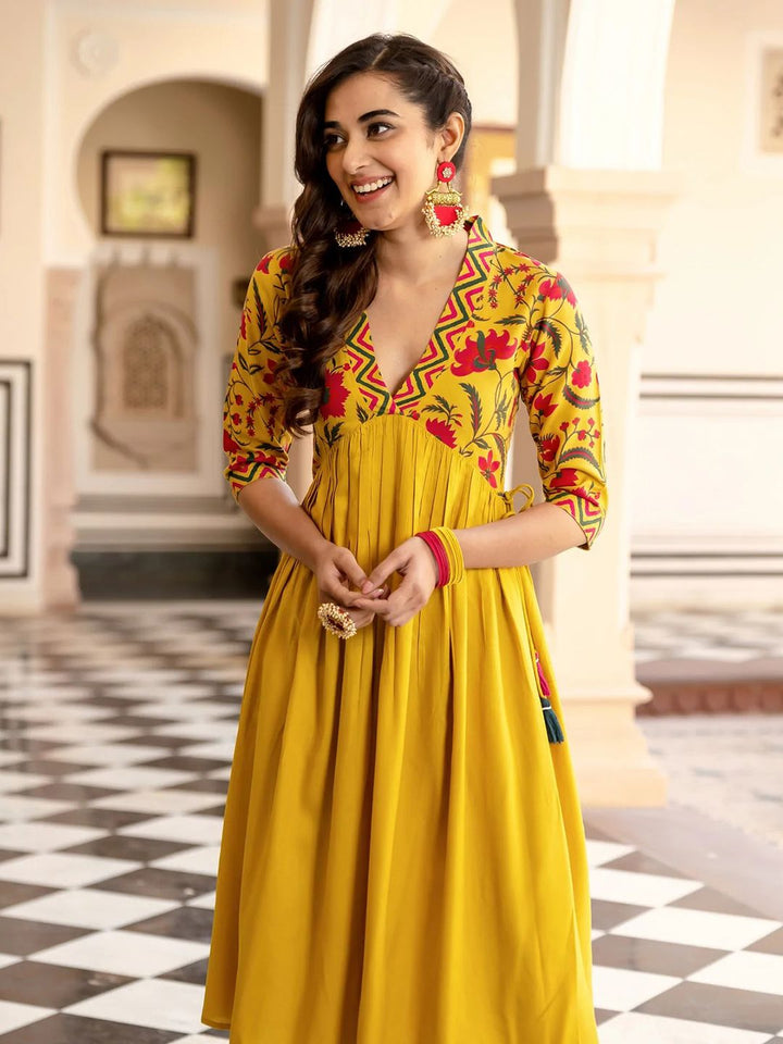 Rustorange Mustard Yellow & Pink Floral Liva A-Line Midi Dress