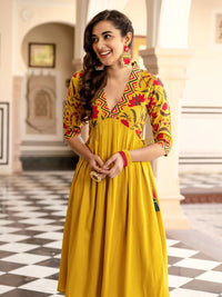 Rustorange Mustard Yellow & Pink Floral Liva A-Line Midi Dress