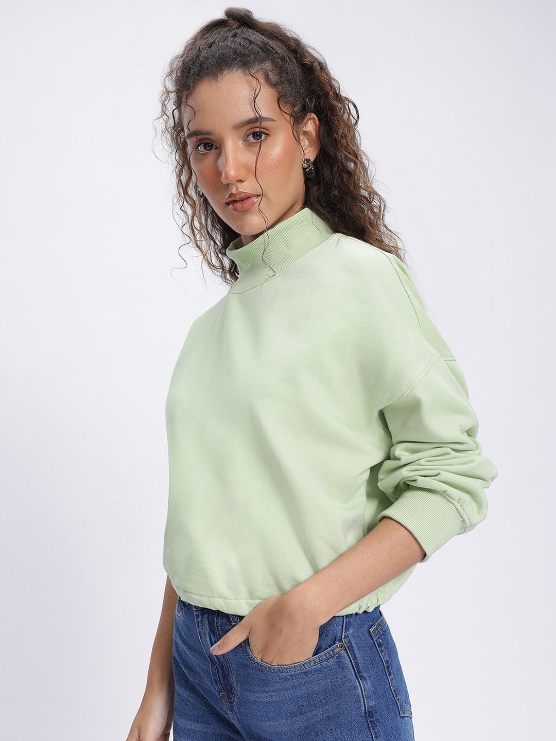 DressBerry High Neck Drop-Shoulder Crop Sweatshirt