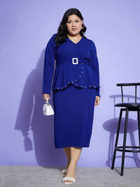 SASSAFRAS Curve Blue Plus Size Long Sleeve V-Neck Belted Beads Peplum Midi Dress