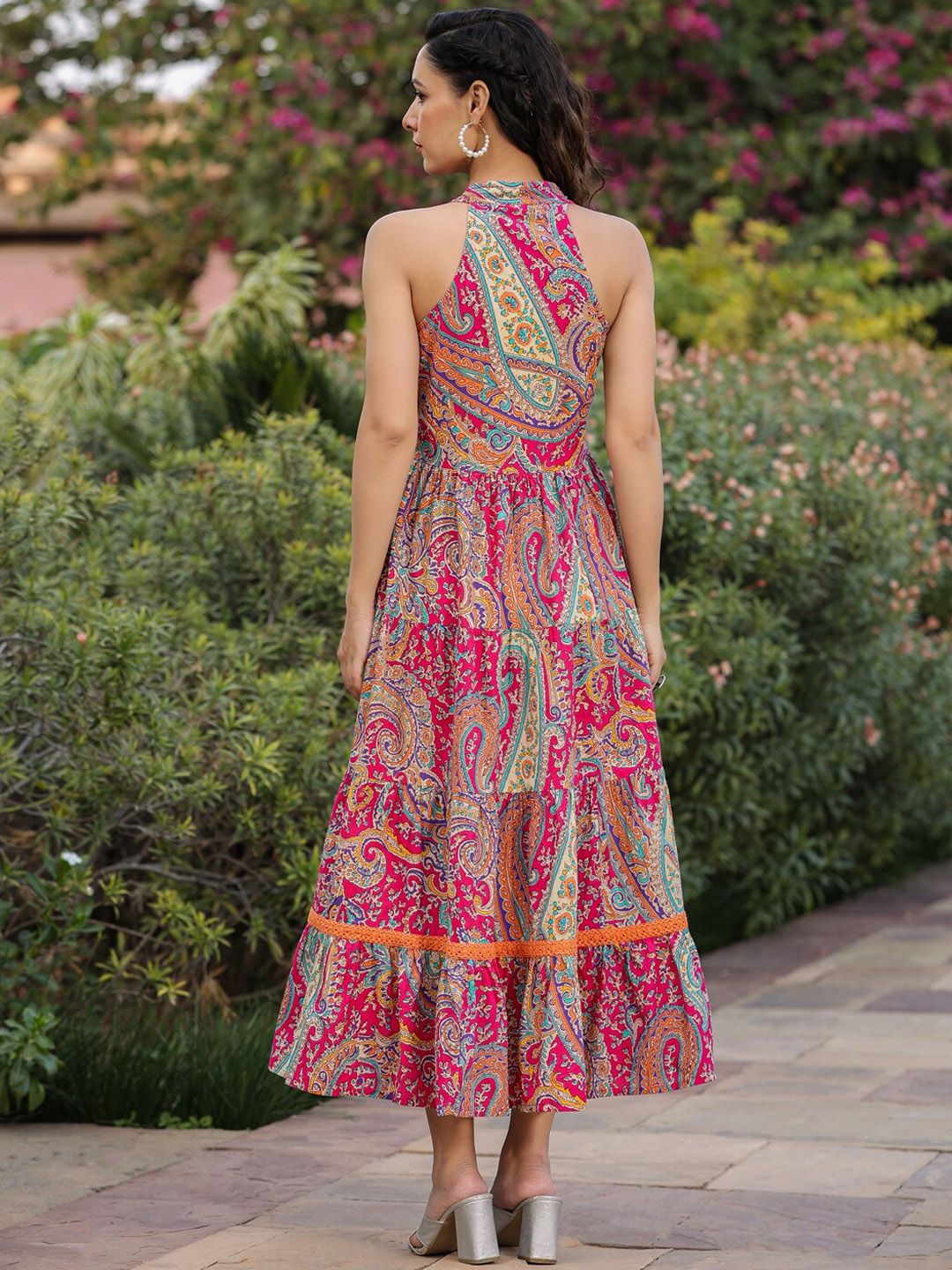 Rain & Rainbow Ethnic Motifs Printed Maxi Fit & Flare Tiered Pure Cotton Ethnic Dress