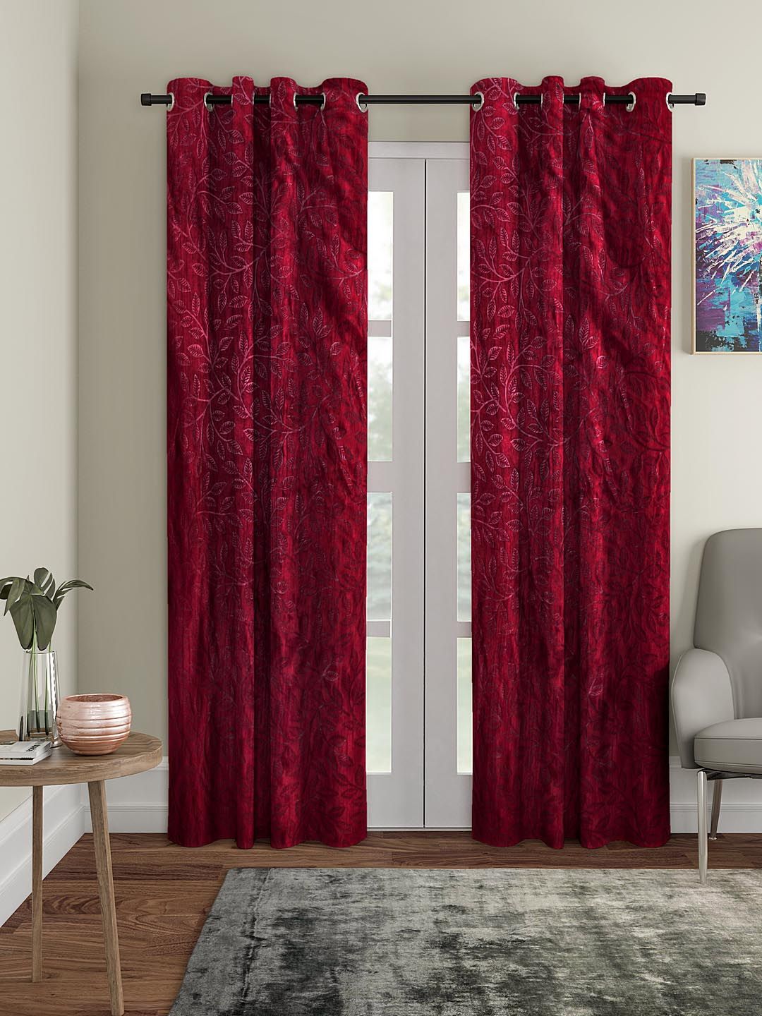 Cortina Set of 2 Maroon Embossed Leaf Print Polyester Door Curtains