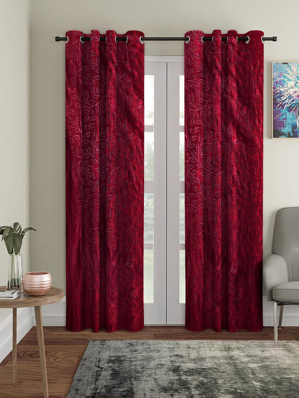 Cortina Set of 2 Maroon Embossed Leaf Print Polyester Door Curtains