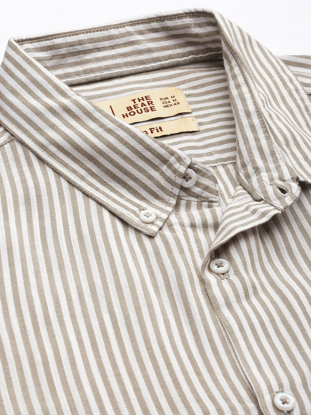 THE BEAR HOUSE Men Beige Slim Fit Pinstripes Striped Pure Cotton Casual Shirt