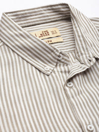 THE BEAR HOUSE Men Beige Slim Fit Pinstripes Striped Pure Cotton Casual Shirt