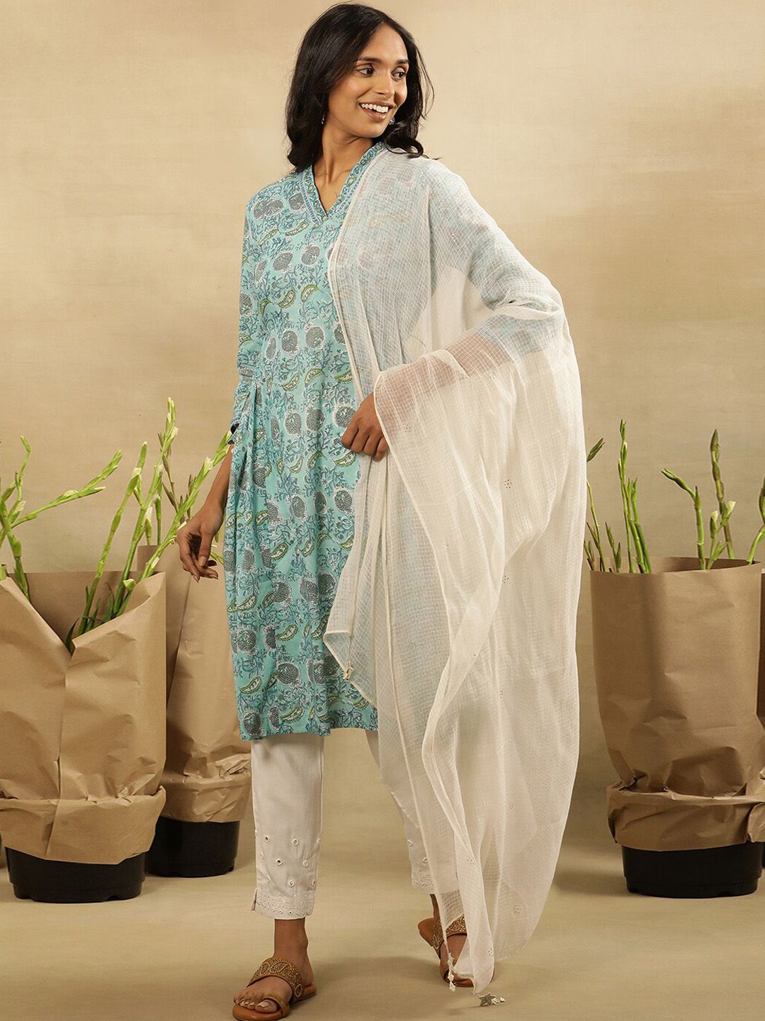 W Women Floral Printed Flared Sleeves Cotton A-Line Kurta