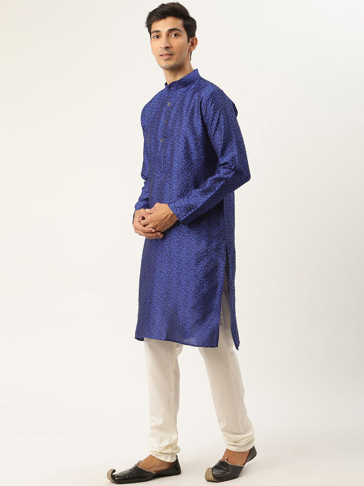 SOJANYA Lelaki Blue Self Design Jacquard Silk Kurta with Churidar & Nehru Jacket