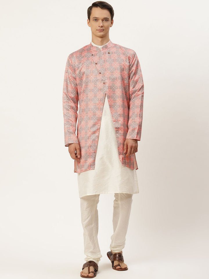 SOJANYA Lelaki Bermotif Etnik Putih & Merah Cetak Kurta & Churidar dengan Jaket Disesuaikan