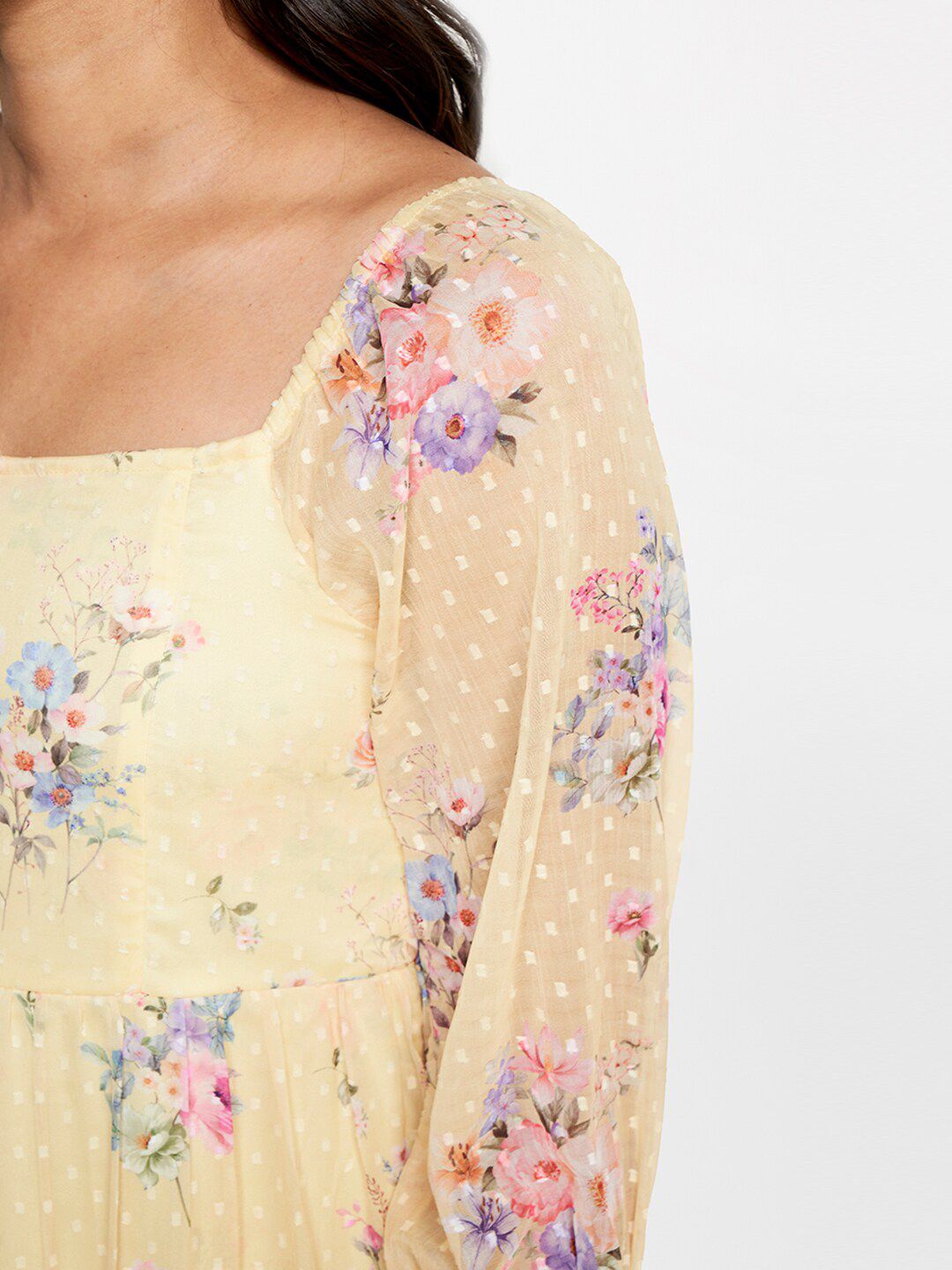 AND Square Neck Floral Printed Layered Smocked A-Line Dress