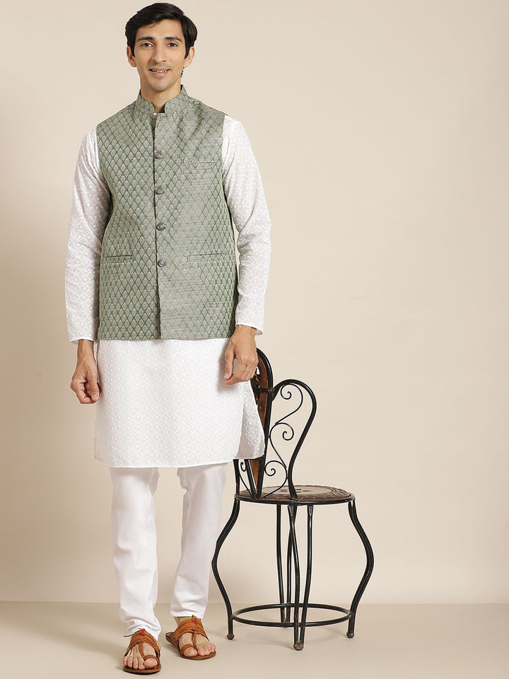 SOJANYA Men White Chikankari Pure Cotton Kurta with Churidar & Nehru Jacket