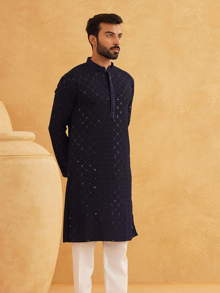 SOJANYA Ethnic Motifs Embroidered Mandarin Collar Sequined Pure Cotton Straight Kurta