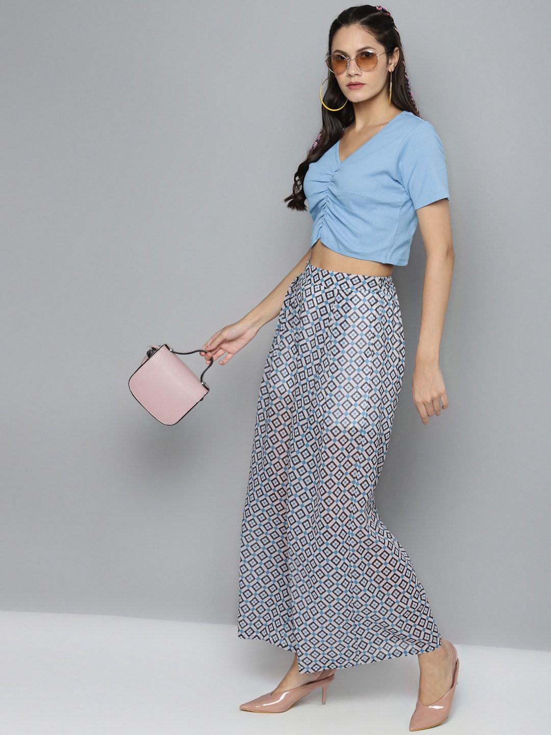 Sassafras Blue Ribbed V-Neck Ruched Fitted Crop Top
