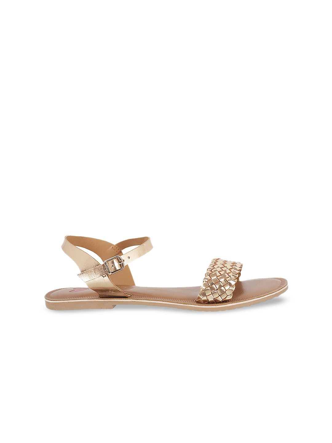 Metro Women Gold-Toned Woven Design Open Toe Flats