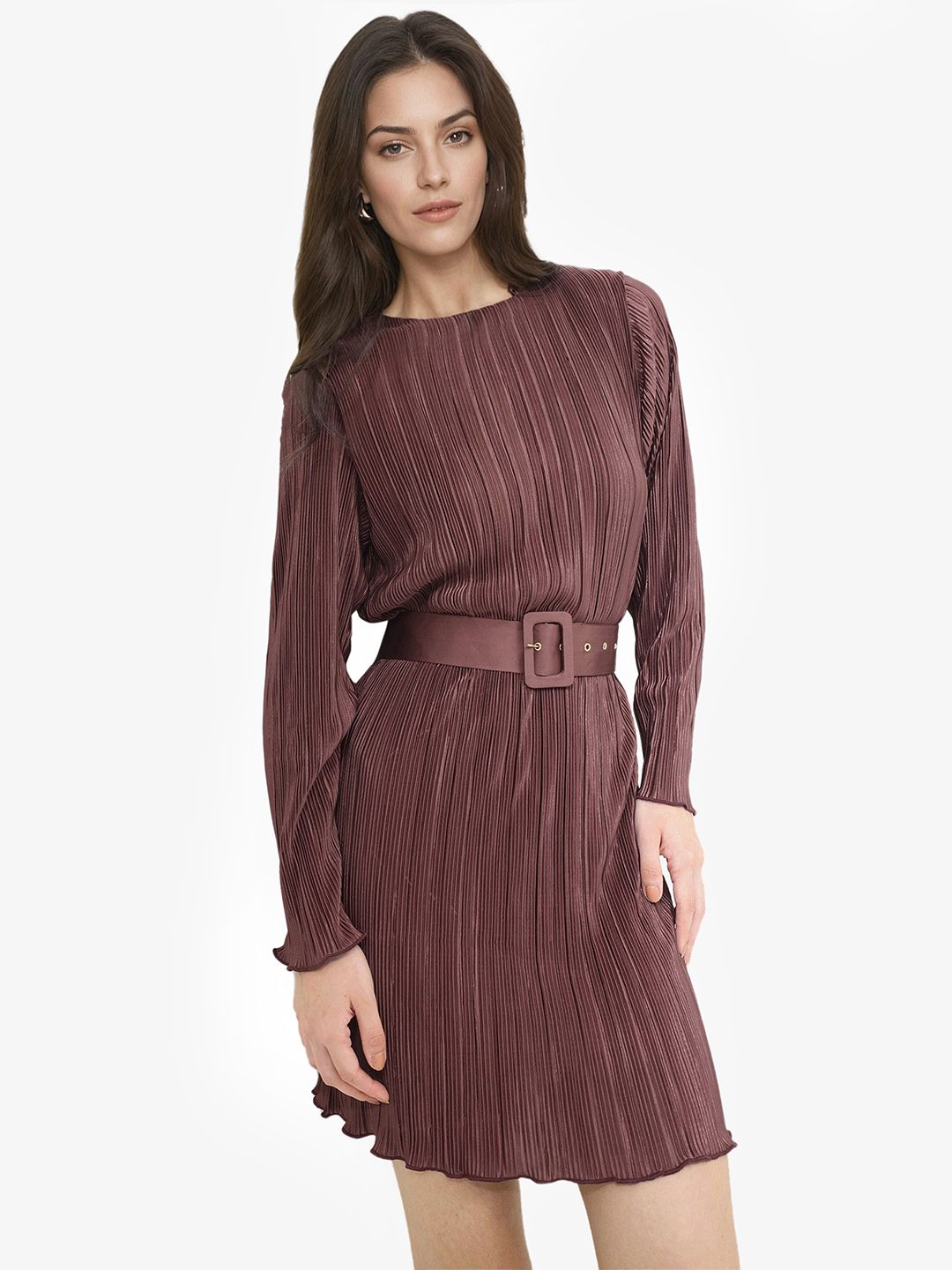 RAREISM Brown Self Design Long Sleeves A-Line Dress