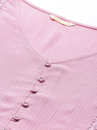DressBerry Lavender Self Design Lace Inserts Flared Sleeves Top