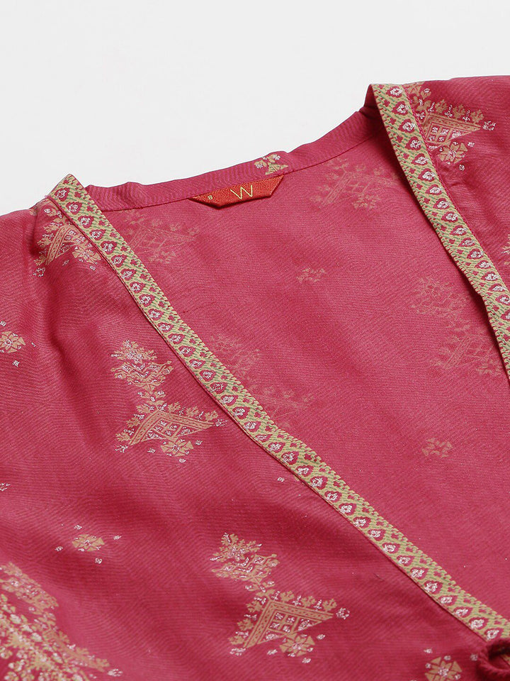 W Pink Ethnic Motifs Chiffon Ethnic Maxi Dress With Tie-Up Waist Coat