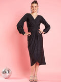 Antheaa Black Self Designed Wrap Midi Dress
