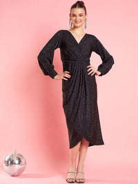 Antheaa Black Self Designed Wrap Midi Dress